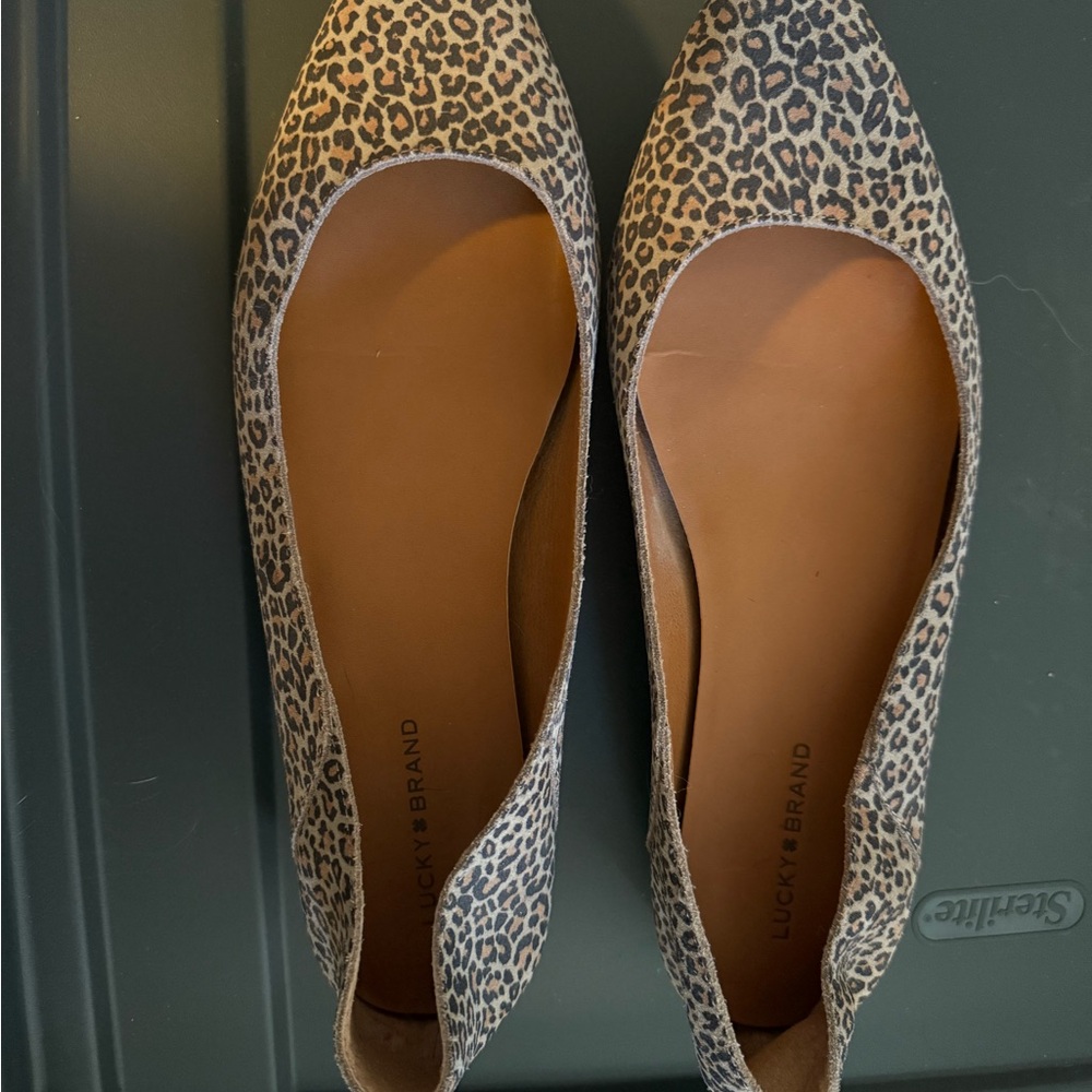 Lucky Brand Leopard-Print Pointed Toe Flats in Tan and Black
